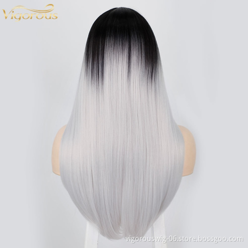 2 Tone Color Ombre Wigs Lace Front for Women Synthetic Long Straight Middle Part Heat Resistant Fiber Hair Natural Looking Wig